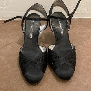 Naturalizer black satin closed toe heel with ankle strap.